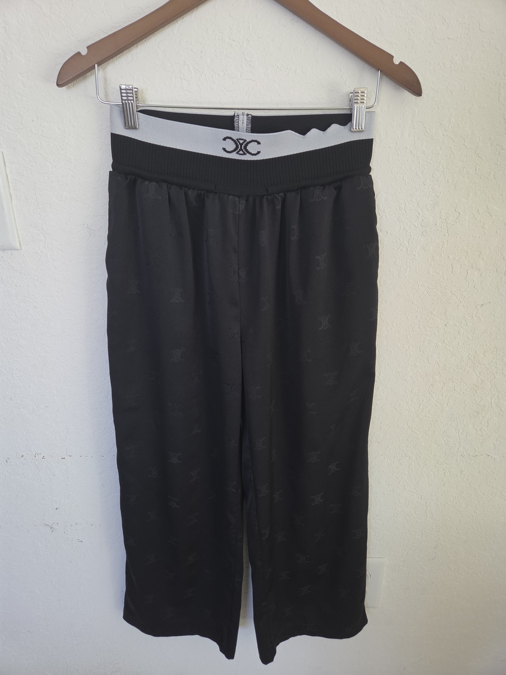 CELINE Paris Black Jacquard Triomphe Logo Knit Waistband Wide Leg Pants L